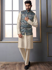 Beige & Blue Mandarin Collar Kurta Trousers with jacket - Inddus.com