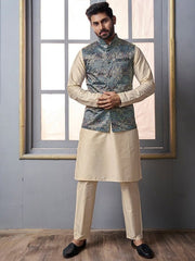 Beige & Blue Mandarin Collar Kurta Trousers with jacket - Inddus.com