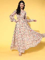 Beige Chiffon Floral Printed Gown with Embellished Belt - Inddus.com