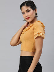 Beige Cotton Stretchable Saree Blouse With Ruffles - Inddus.com