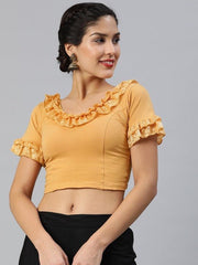 Beige Cotton Stretchable Saree Blouse With Ruffles - Inddus.com