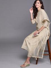 Beige Embroidered Kurta with Pants and Dupatta - Inddus.com