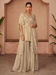 Beige Embroidered Partywear Palazzo-Suit - Inddus.com