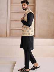 Beige Ethnic Motifs Woven Design Nehru Jacket - Inddus.com