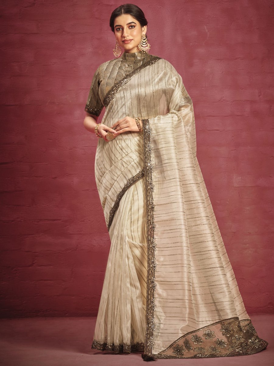 Beige Fancy Fabric Designer Saree - Inddus.com