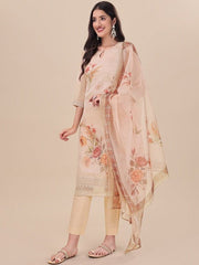 Beige Floral Printed Keyhole Neck Kurta & Trousers With Dupatta - Inddus.com