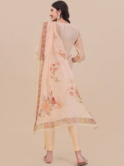 Beige Floral Printed Keyhole Neck Kurta & Trousers With Dupatta - Inddus.com