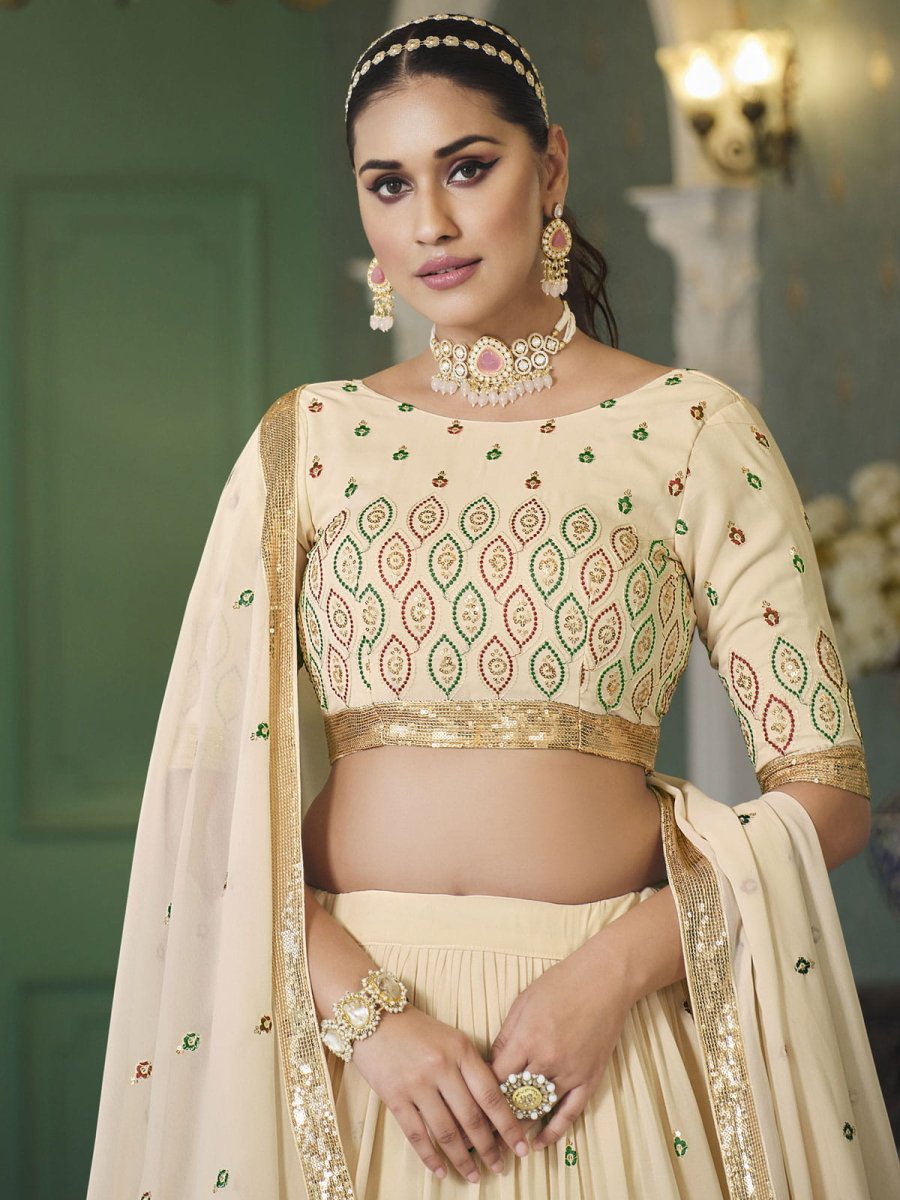 Beige Georgette Embroidered Lehenga Choli - Inddus.com