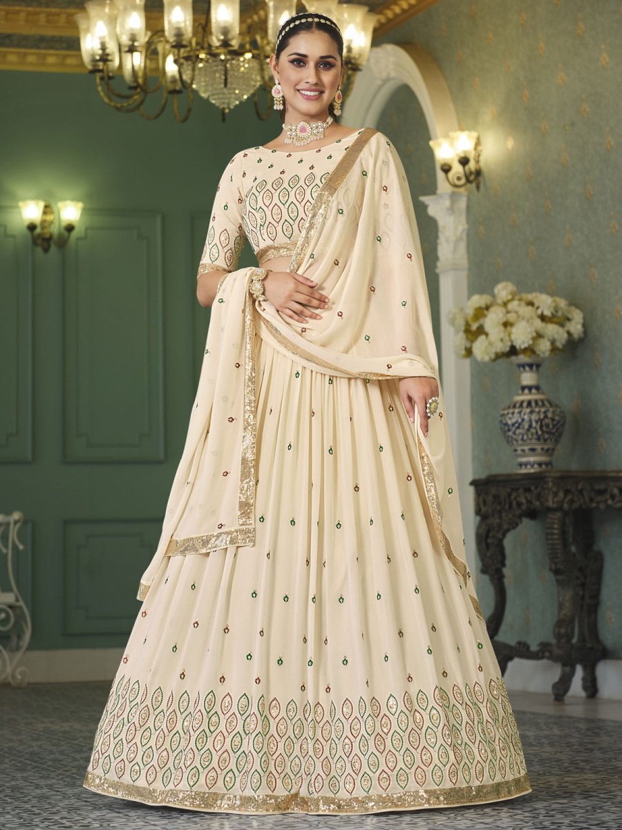 Beige Georgette Embroidered Lehenga Choli - Inddus.com
