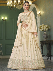 Beige Georgette Embroidered Lehenga Choli - Inddus.com