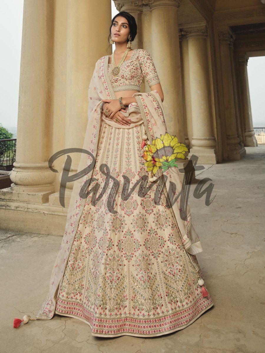 Beige Hand Embroidered Lehenga Choli Set - Inddus.com