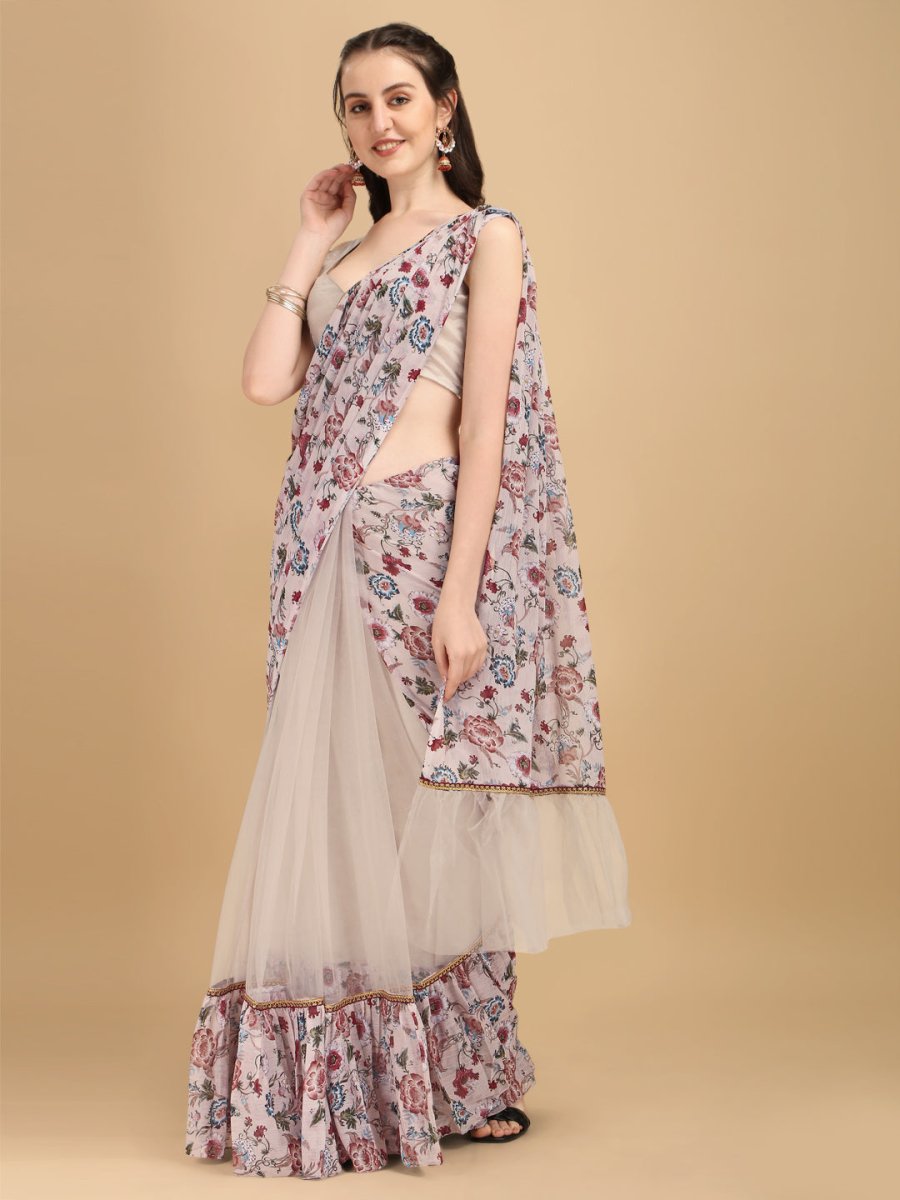 Beige & Maroon Floral Printed Ruffled Net Saree - Inddus.com