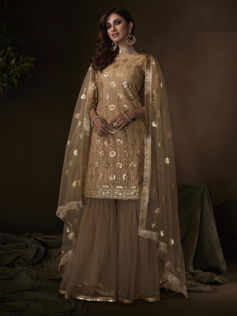 Beige Net Embroidered Partywear Sharara Suit - inddus-us