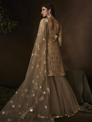 Beige Net Embroidered Partywear Sharara Suit - inddus-us