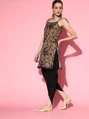Beige Net floral Embroidered Kurta with Dhoti Pants and Dupatta - Inddus.com
