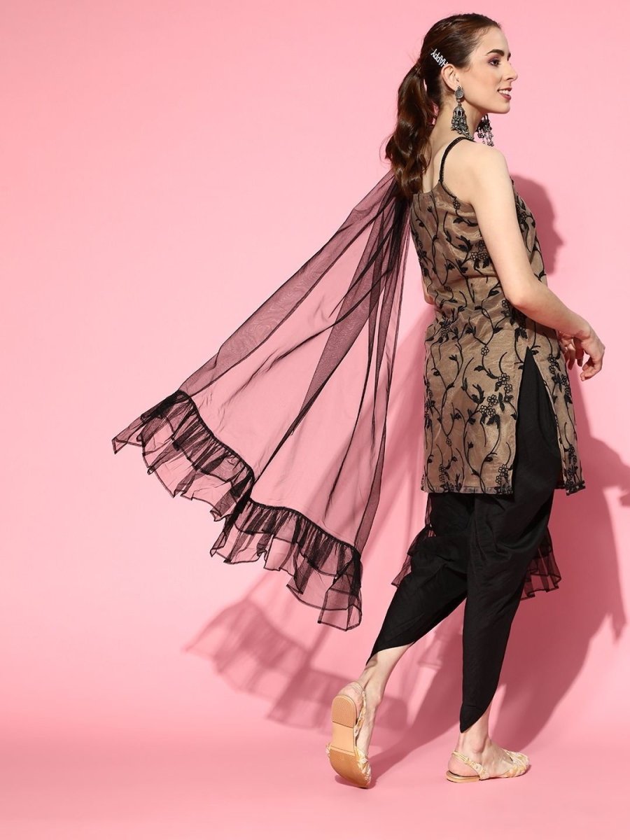 Beige Net floral Embroidered Kurta with Dhoti Pants and Dupatta - Inddus.com