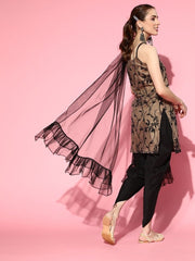 Beige Net floral Embroidered Kurta with Dhoti Pants and Dupatta - Inddus.com