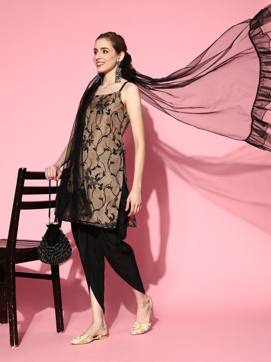 Beige Net floral Embroidered Kurta with Dhoti Pants and Dupatta - Inddus.com