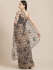 Beige Net Floral Embroidered Saree - Inddus.com