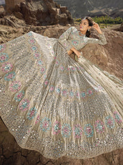 Beige Organza Embroidered Lehenga Choli - Inddus.com