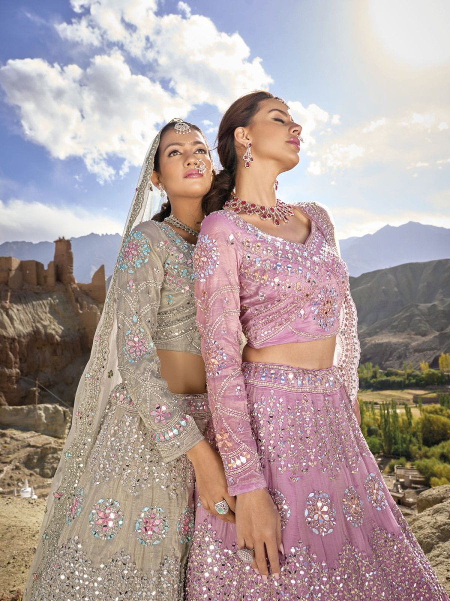 Beige Organza Embroidered Lehenga Choli - Inddus.com