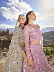 Beige Organza Embroidered Lehenga Choli - Inddus.com