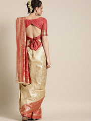 Beige & Red Silk Blend Woven Design Saree - Inddus.com