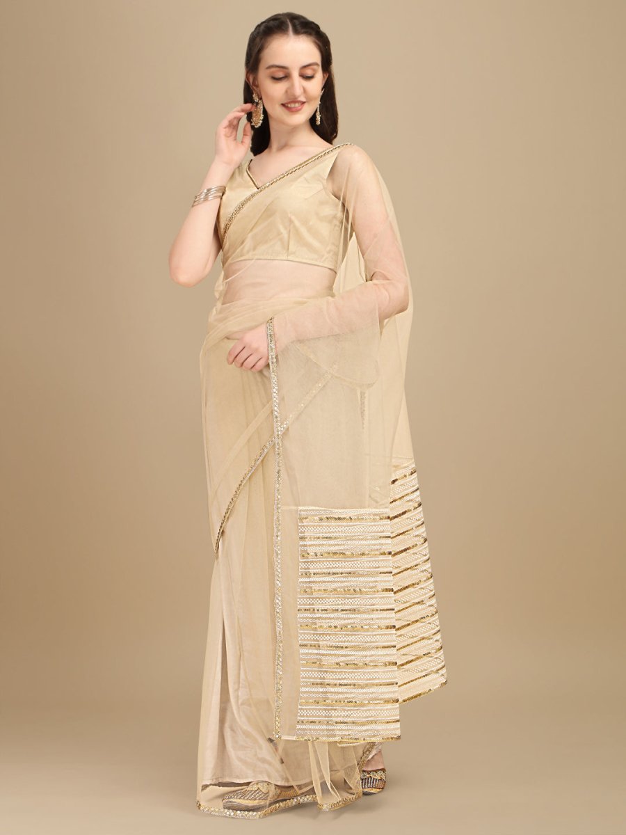 Beige Sequinned Net Saree - Inddus.com