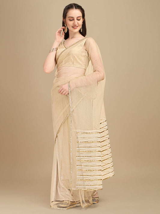 Beige Sequinned Net Saree - Inddus.com