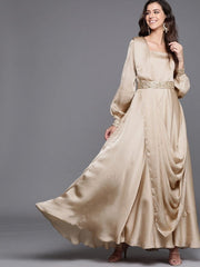 Beige Solid Flared Gown with attached Dupatta and Embroidered Belt - inddus-us