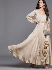Beige Solid Flared Gown with attached Dupatta and Embroidered Belt - inddus-us