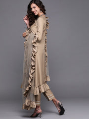 Beige Solid Kurta with Trouser and Dupatta - Inddus.com
