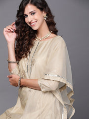 Beige Solid Kurta with Trouser and Dupatta - Inddus.com