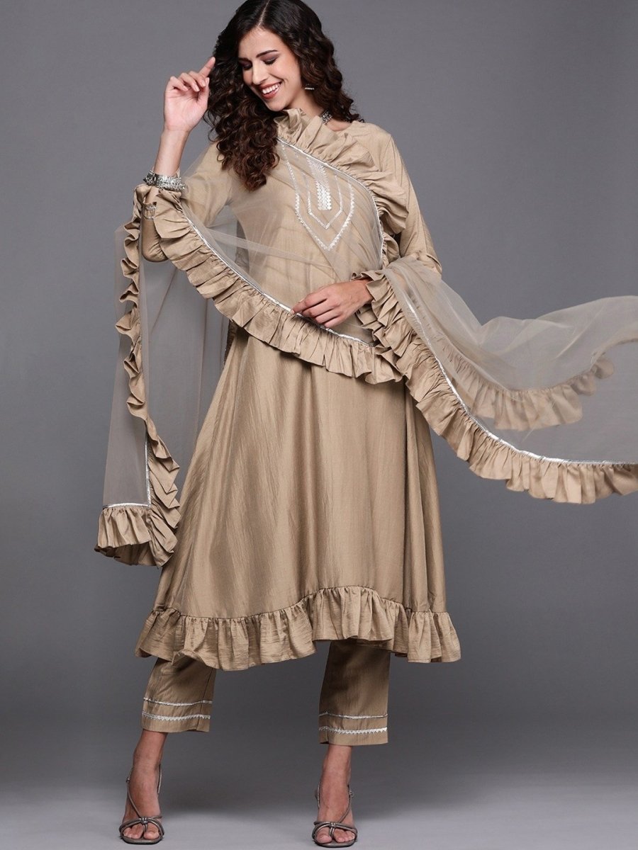 Beige Solid Kurta with Trouser and Dupatta - Inddus.com
