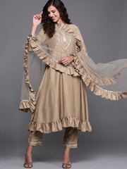 Beige Solid Kurta with Trouser and Dupatta - Inddus.com