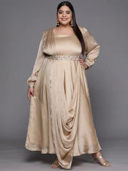 Beige Solid Satin Maxi Gown with Draped Dupatta - Inddus.com