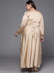 Beige Solid Satin Maxi Gown with Draped Dupatta - Inddus.com