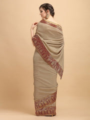 Beige Solid Silk Blend Saree - Inddus.com