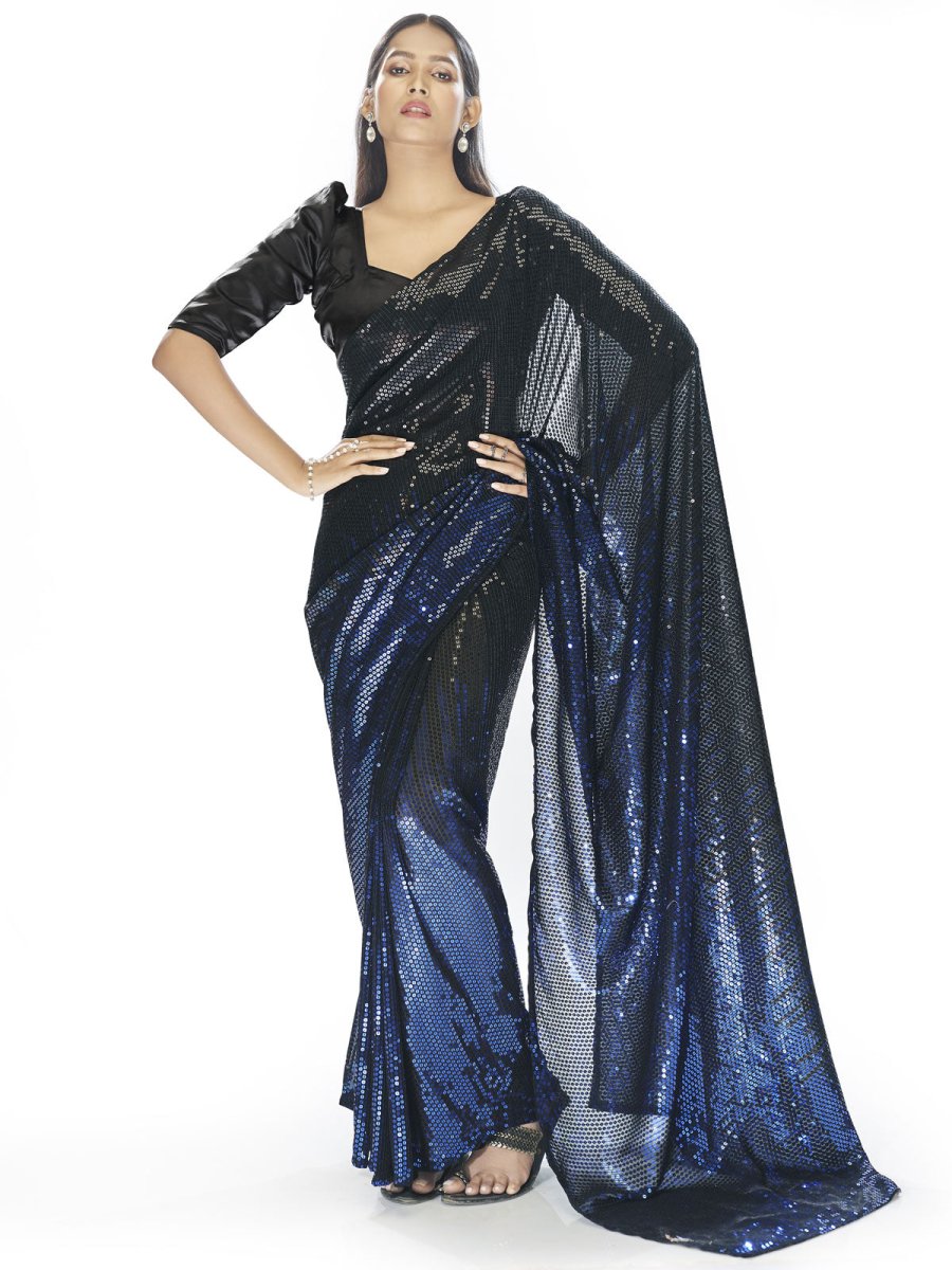 Black and Blue Georgette Sequins Party Wear Saree - Inddus.com