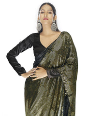 Black and Golden Georgette Sequins Party Wear Saree - Inddus.com
