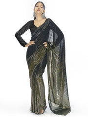 Black and Golden Georgette Sequins Party Wear Saree - Inddus.com
