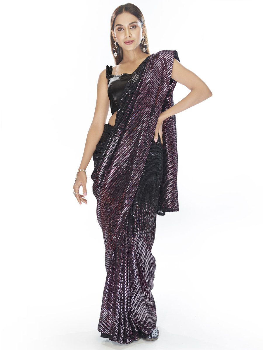 Black and Purple Georgette Sequins Party Wear Saree - Inddus.com