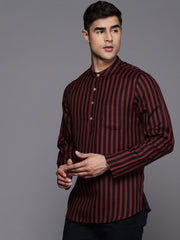 Black and Red Striped Linen Blend Kurta - Inddus.com