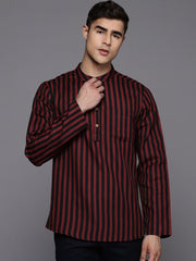 Black and Red Striped Linen Blend Kurta - Inddus.com