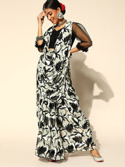 Black And White Satin Striped Floral Print Saree - Inddus.com