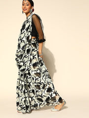 Black And White Satin Striped Floral Print Saree - Inddus.com