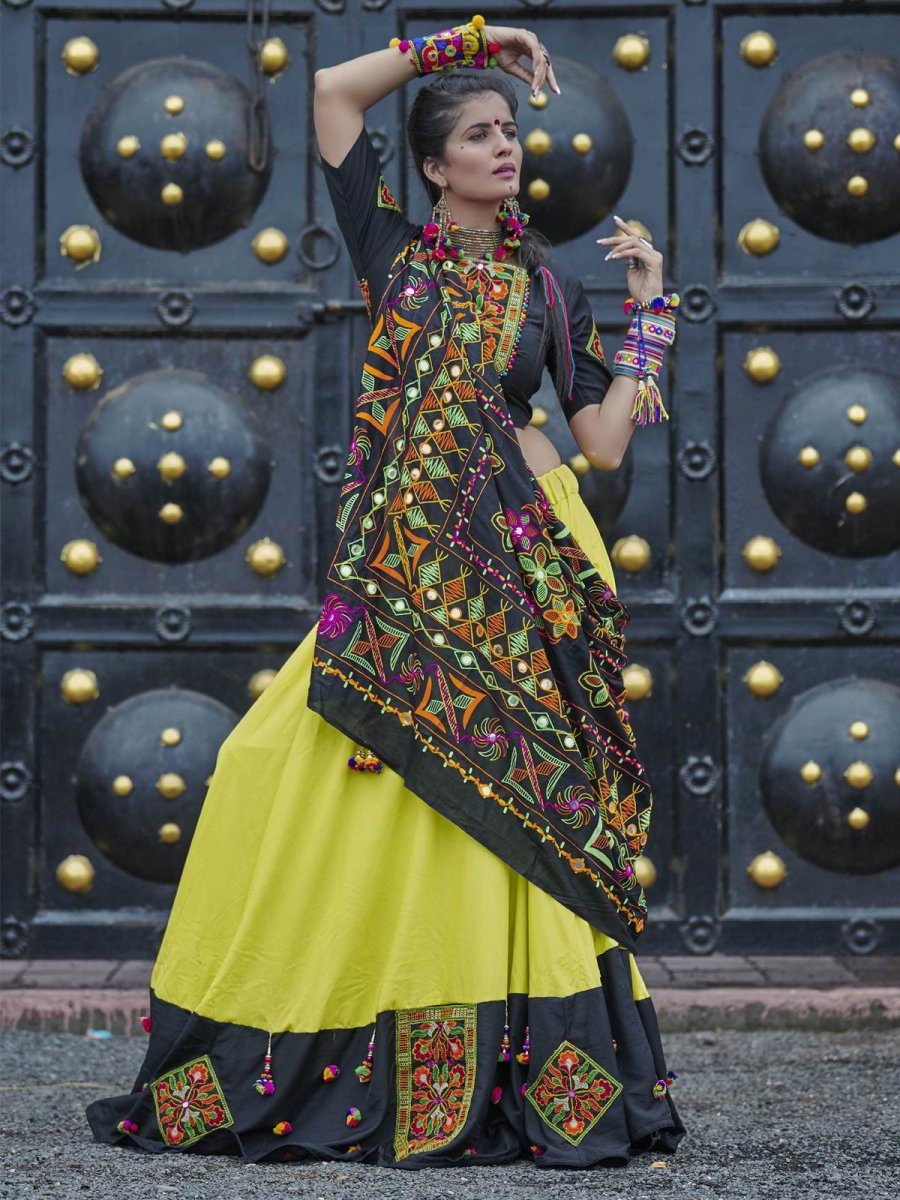 Black and Yellow Soft Cotton Navratri Special Ghagra Choli ( IND-KF-1065 ) - inddus-us