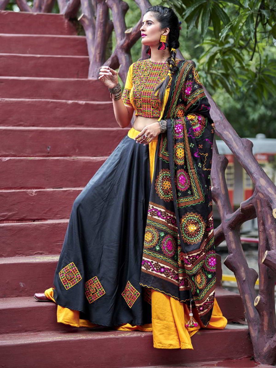 Black and Yellow Soft Cotton Navratri Special Ghagra Choli ( IND-KF-1075 ) - inddus-us