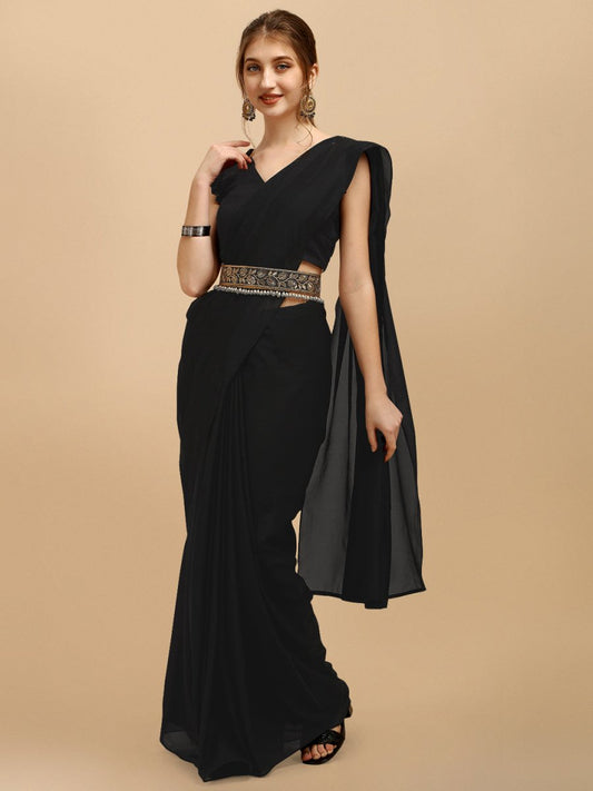 Black Belted Organza Saree - Inddus.com