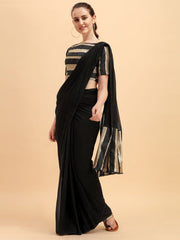 Black Copper Solid Stripped Woven Border Saree with Woven Blouse - inddus-us